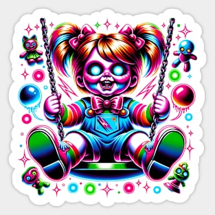 Possessed Doll on a Swing Neon Horror Halloween Creepy Sticker